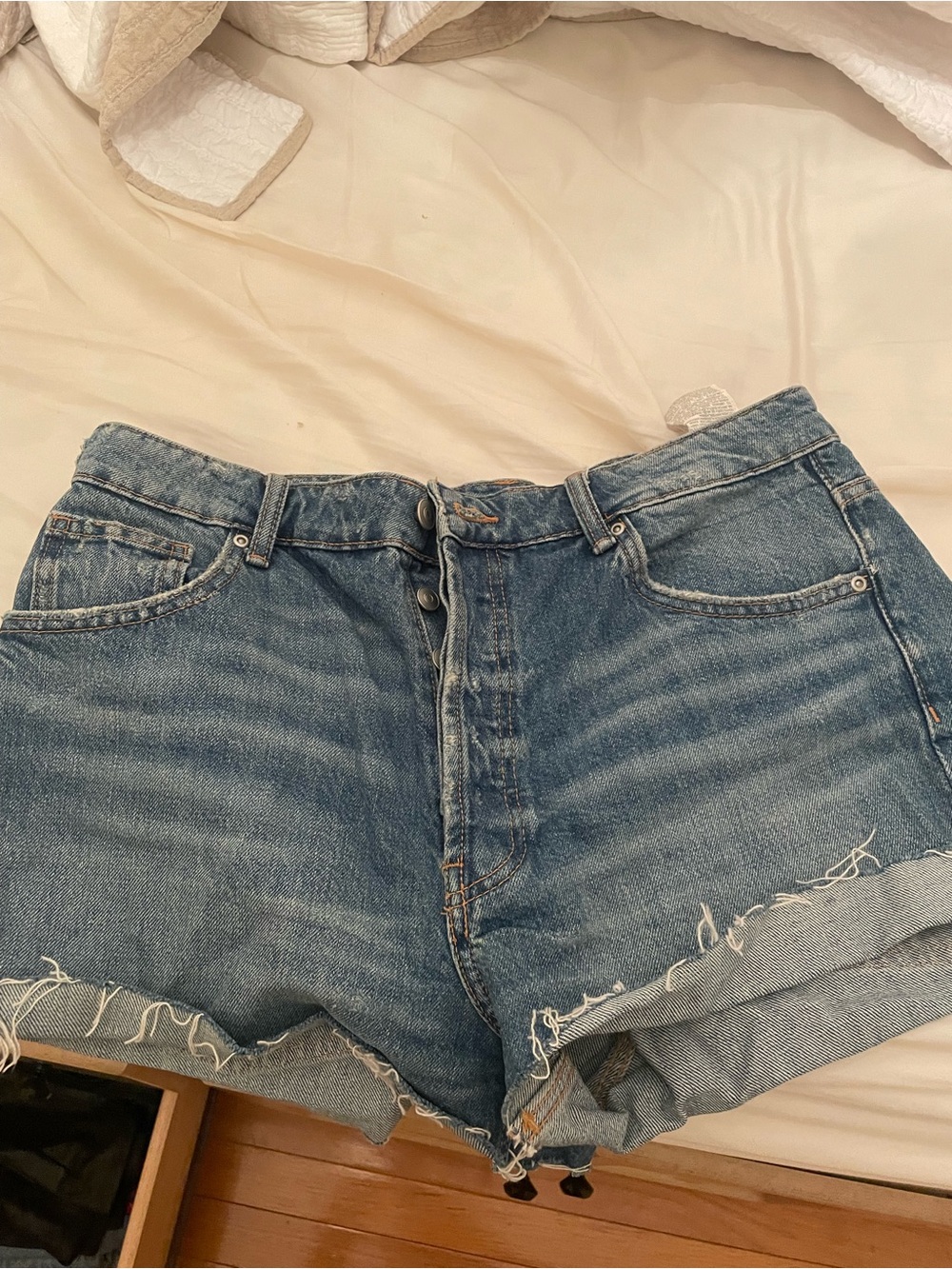 Zara Distressed Blue Denim High-Rise Jean Shorts